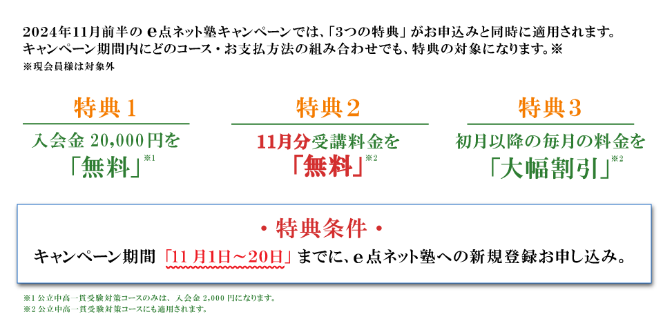 キャンペーン特典内容　特典１：入会費無料　特典２：11月分受講料無料　特典３：初月以降の毎月の料金を大幅割引　特典条件：キャンペーン期間の11月1日から20日までにe点ネット塾への新規登録お申し込み