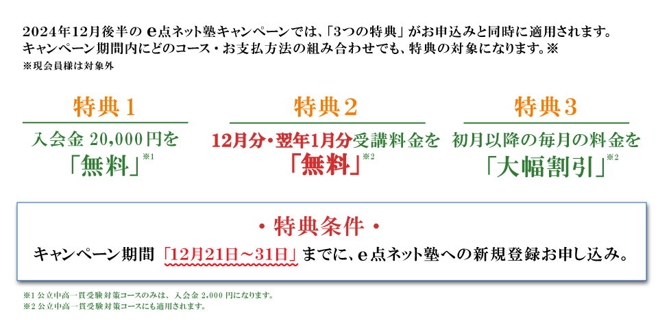 キャンペーン特典内容　特典１：入会費無料　特典２：12月・翌年1月分受講料無料　特典３：初月以降の毎月の料金を大幅割引　特典条件：キャンペーン期間の12月21日から31日までにe点ネット塾への新規登録お申し込み