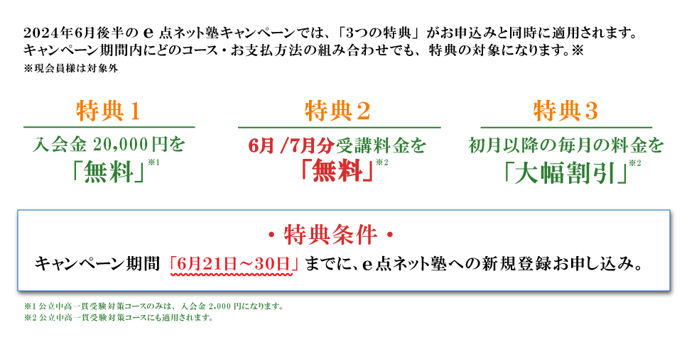 キャンペーン特典内容　特典１：入会費無料　特典２：6月・7月分受講料無料　特典３：初月以降の毎月の料金を大幅割引　特典条件：キャンペーン期間の6月21日から30日までにe点ネット塾への新規登録お申し込み