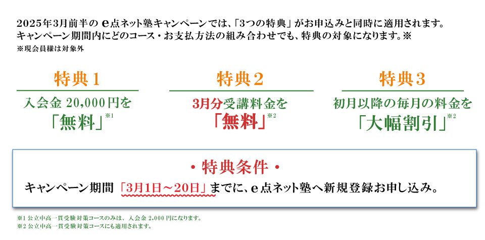 キャンペーン特典内容　特典１：入会費無料　特典２：3月分受講料無料　特典３：初月以降の毎月の料金を大幅割引　特典条件：キャンペーン期間の3月1日から20日までにe点ネット塾への新規登録お申し込み